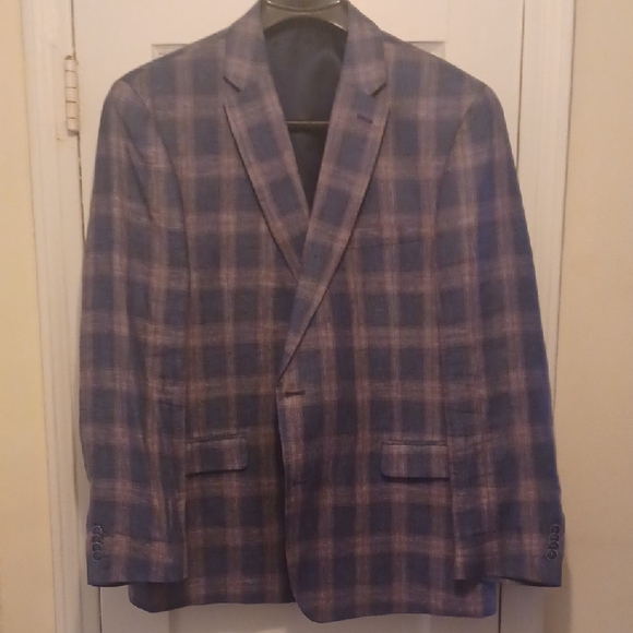 Men's Tommy Hilfiger Linen Blue Plaid Blazer & matching Vest (48R& XL vest)